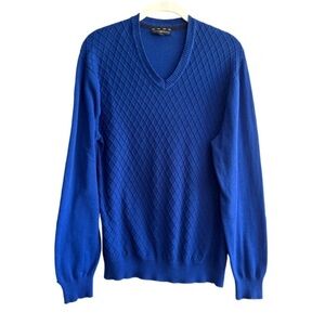 Club Room Long Sleeve V-neck Sweater 100% Cotton Diamond Rib Knit Blue Size S